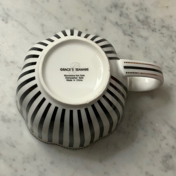 GRACES TEAWARE FLAT CUP SAUCER SET BLACK STRIPE & DOTS METALLIC GOLD DOTS NEW - Picture 9 of 14